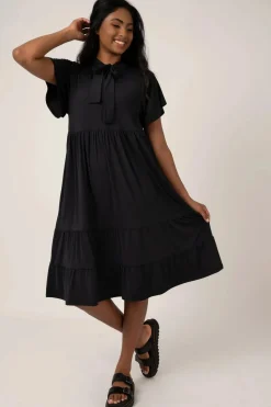 Slinky Silky Boss Bish Tiered Midi Dress - Black