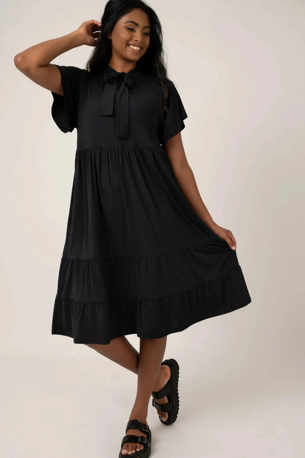 Slinky Silky Boss Bish Tiered Midi Dress - Black