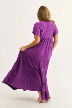 Slinky To Touch Baby Doll Tiered Maxi Dress - Purple