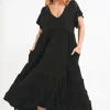 Slinky To Touch Baby Doll Tiered V Neck Maxi Dress - Black