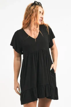 Slinky To Touch Baby Doll V Neck Tiered Mini Dress - Black