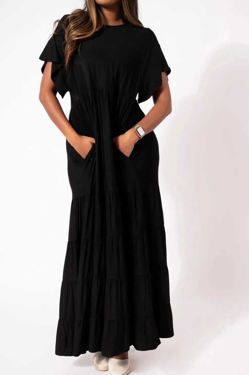 Slinky To Touch Baby Doll Tiered Maxi Dress - Black