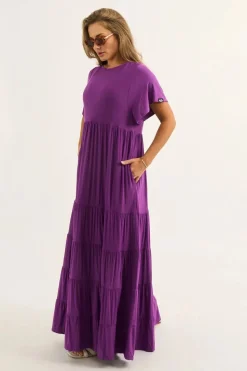 Slinky To Touch Baby Doll Tiered Maxi Dress - Purple