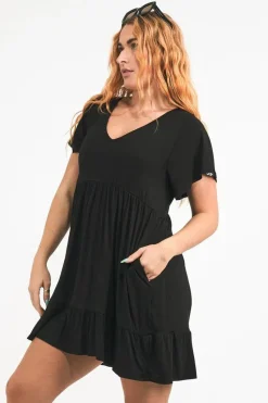 Slinky To Touch Baby Doll V Neck Tiered Mini Dress - Black