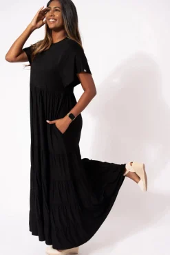 Slinky To Touch Baby Doll Tiered Maxi Dress - Black