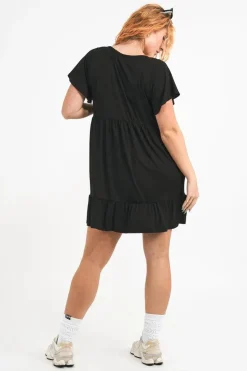 Slinky To Touch Baby Doll V Neck Tiered Mini Dress - Black