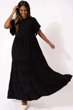 Slinky To Touch Baby Doll Tiered Maxi Dress - Black