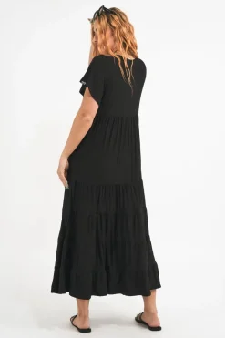 Slinky To Touch Baby Doll Tiered V Neck Maxi Dress - Black