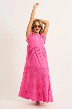 Slinky To Touch Baby Doll Tiered Maxi Dress - Candy Pink