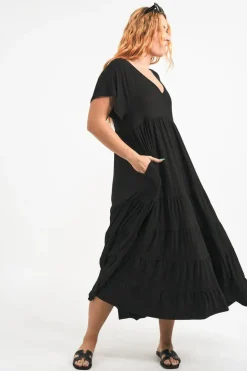 Slinky To Touch Baby Doll Tiered V Neck Maxi Dress - Black