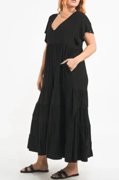 Slinky To Touch Baby Doll Tiered V Neck Maxi Dress - Black