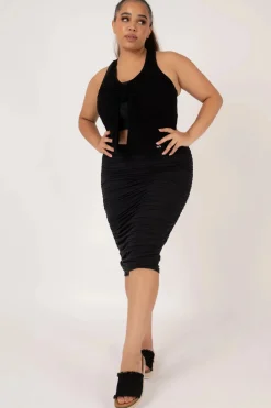 Soft To Touch Ruched Midi Skirt - Black