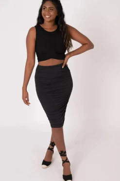 Soft To Touch Ruched Midi Skirt - Black