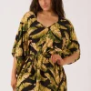 Sustainable Viscose Adjustable Tie Waist Kaftan - Black Tropical Leaf