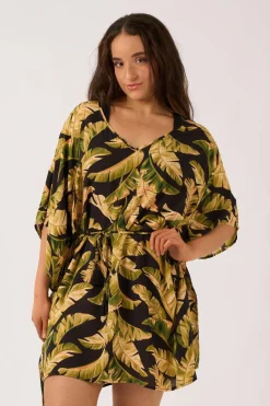Sustainable Viscose Adjustable Tie Waist Kaftan - Black Tropical Leaf