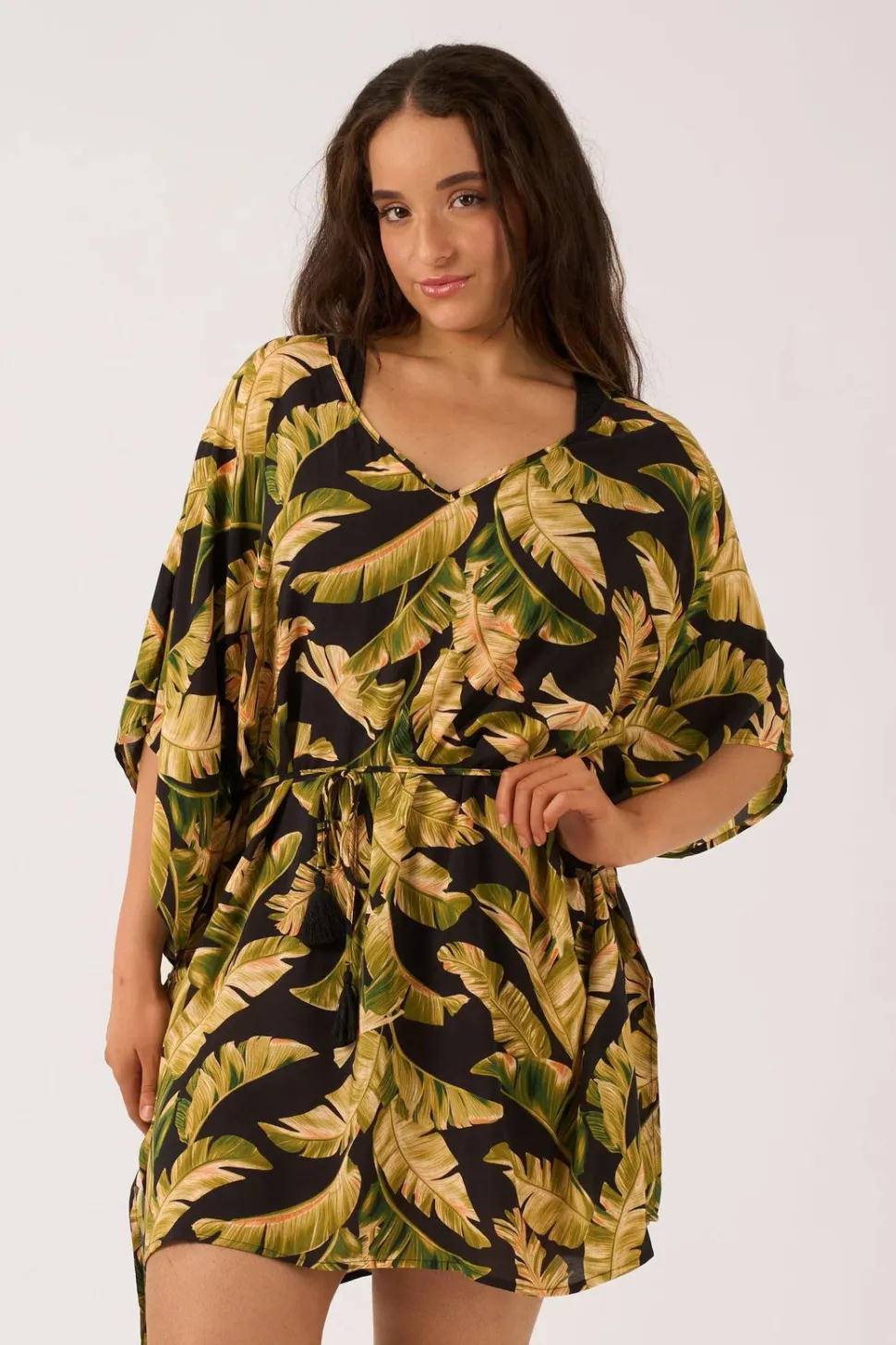 Sustainable Viscose Adjustable Tie Waist Kaftan - Black Tropical Leaf