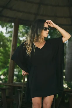 Sustainable Viscose Adjustable Tie Waist Kaftan - Black