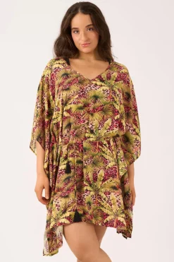 Sustainable Viscose Adjustable Tie Waist Kaftan - Pink Tropical Leopard