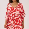 Sustainable Viscose Adjustable Tie Waist Kaftan - Red Geo Waves