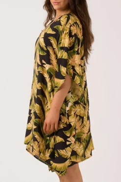 Sustainable Viscose Adjustable Tie Waist Kaftan - Black Tropical Leaf