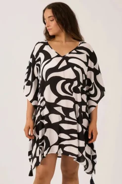 Sustainable Viscose Adjustable Tie Waist Kaftan - Black Geo Waves