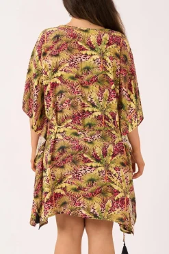 Sustainable Viscose Adjustable Tie Waist Kaftan - Pink Tropical Leopard