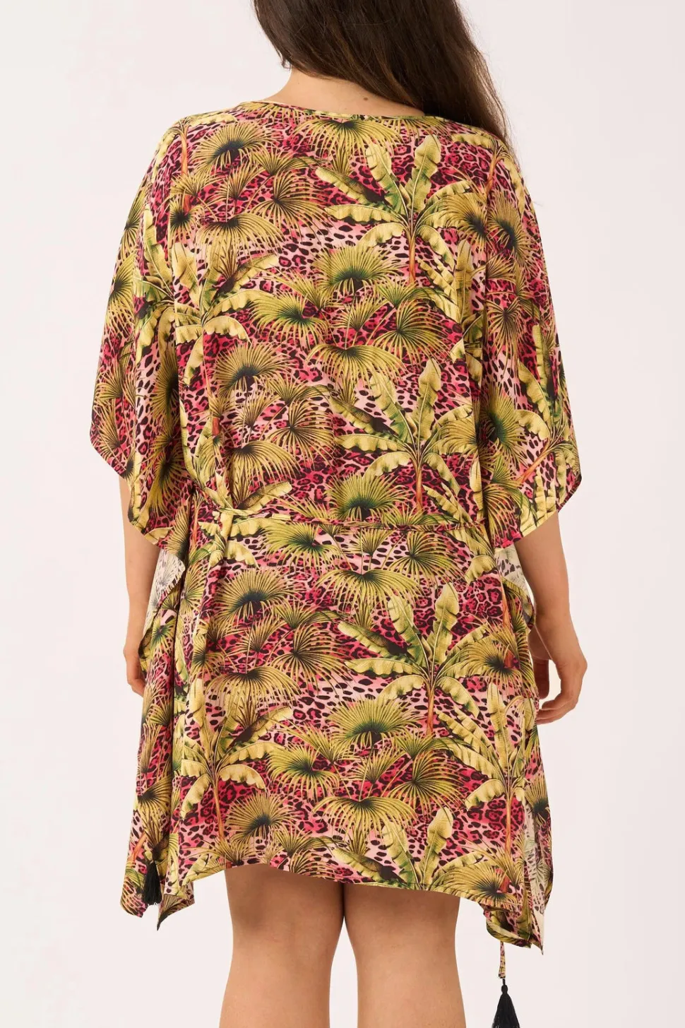 Sustainable Viscose Adjustable Tie Waist Kaftan - Pink Tropical Leopard