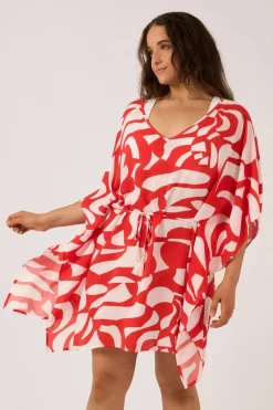 Sustainable Viscose Adjustable Tie Waist Kaftan - Red Geo Waves