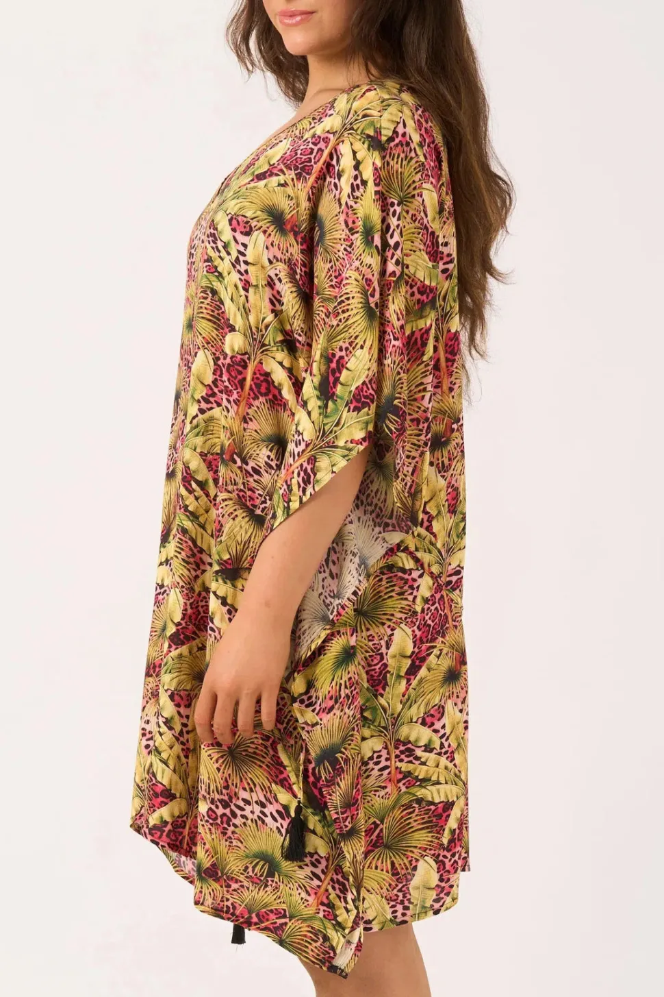 Sustainable Viscose Adjustable Tie Waist Kaftan - Pink Tropical Leopard