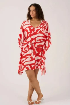 Sustainable Viscose Adjustable Tie Waist Kaftan - Red Geo Waves