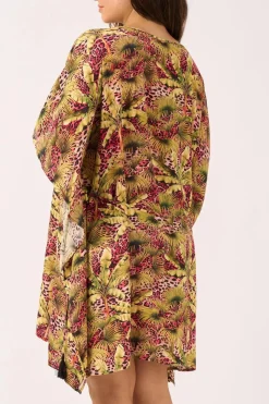 Sustainable Viscose Adjustable Tie Waist Kaftan - Pink Tropical Leopard