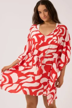 Sustainable Viscose Adjustable Tie Waist Kaftan - Red Geo Waves