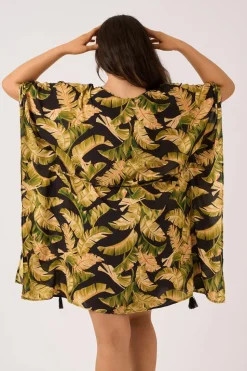 Sustainable Viscose Adjustable Tie Waist Kaftan - Black Tropical Leaf