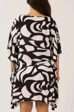 Sustainable Viscose Adjustable Tie Waist Kaftan - Black Geo Waves