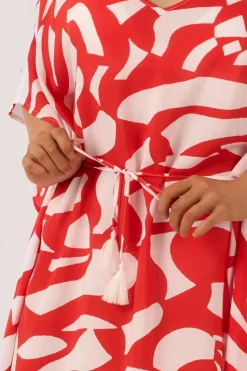 Sustainable Viscose Adjustable Tie Waist Kaftan - Red Geo Waves