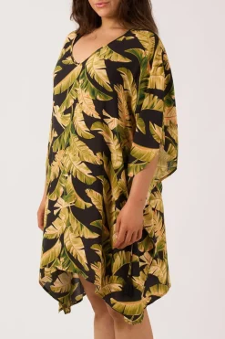 Sustainable Viscose Adjustable Tie Waist Kaftan - Black Tropical Leaf