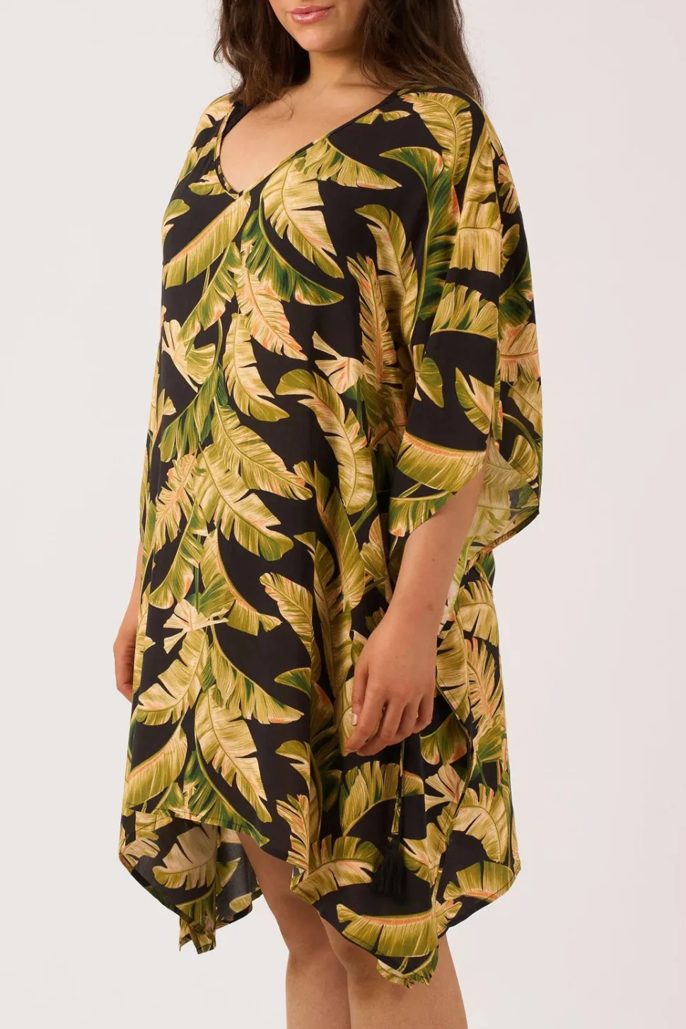 Sustainable Viscose Adjustable Tie Waist Kaftan - Black Tropical Leaf