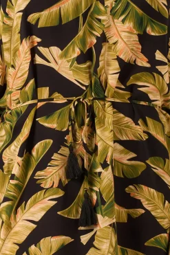 Sustainable Viscose Adjustable Tie Waist Kaftan - Black Tropical Leaf