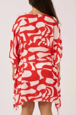 Sustainable Viscose Adjustable Tie Waist Kaftan - Red Geo Waves