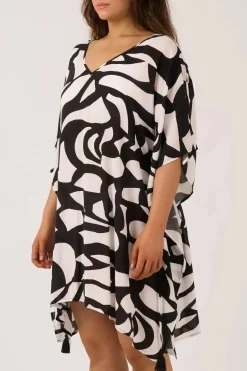Sustainable Viscose Adjustable Tie Waist Kaftan - Black Geo Waves