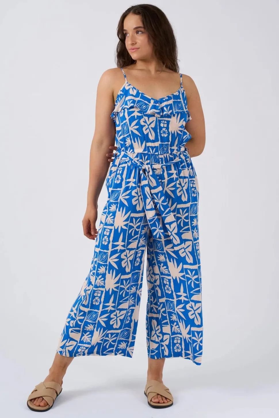 Sustainable Viscose Frill Jumpsuit - Blue Tiki