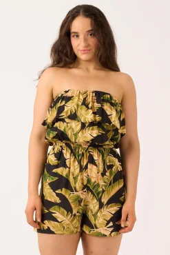 Sustainable Viscose Frill Playsuit - Black Tropical Leaf