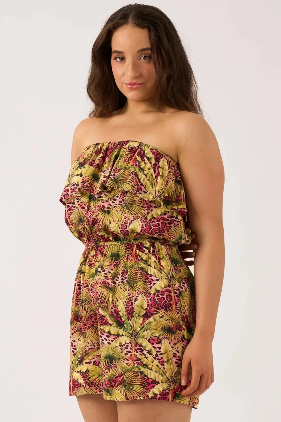 Sustainable Viscose Frill Playsuit - Pink Tropical Leopard
