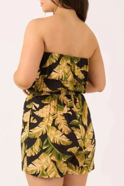Sustainable Viscose Frill Playsuit - Black Tropical Leaf