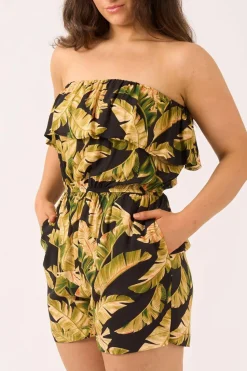 Sustainable Viscose Frill Playsuit - Black Tropical Leaf