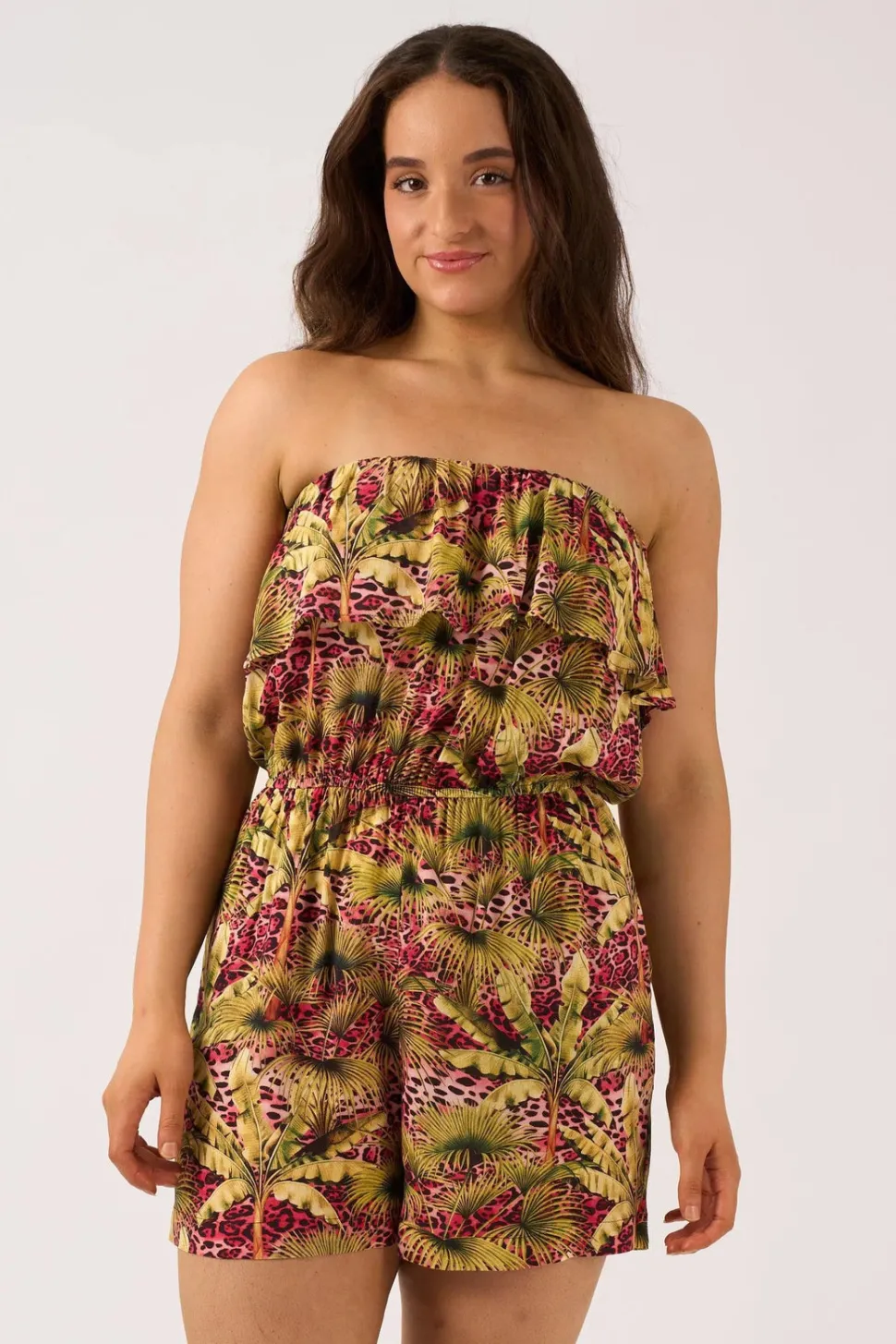 Sustainable Viscose Frill Playsuit - Pink Tropical Leopard