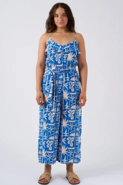 Sustainable Viscose Frill Jumpsuit - Blue Tiki