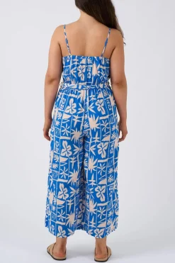 Sustainable Viscose Frill Jumpsuit - Blue Tiki
