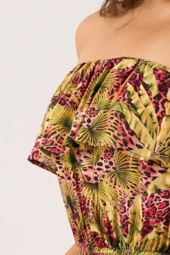 Sustainable Viscose Frill Playsuit - Pink Tropical Leopard