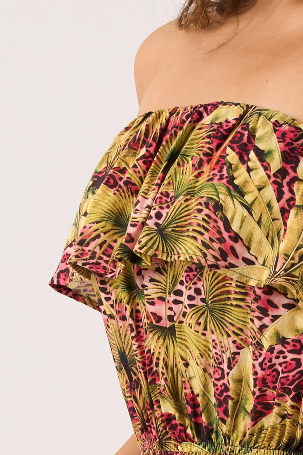 Sustainable Viscose Frill Playsuit - Pink Tropical Leopard